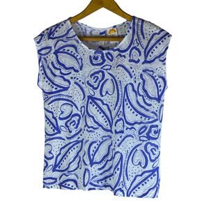 C&C CALIFORNIA Linen Tee Button Up Back M White and Blue Abstract Design